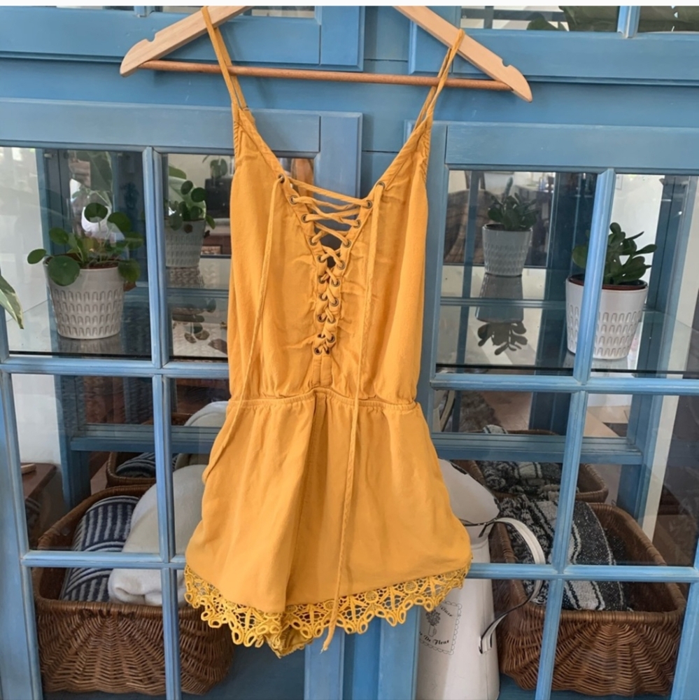 Forever 21 Mustard Lace-Up Romper